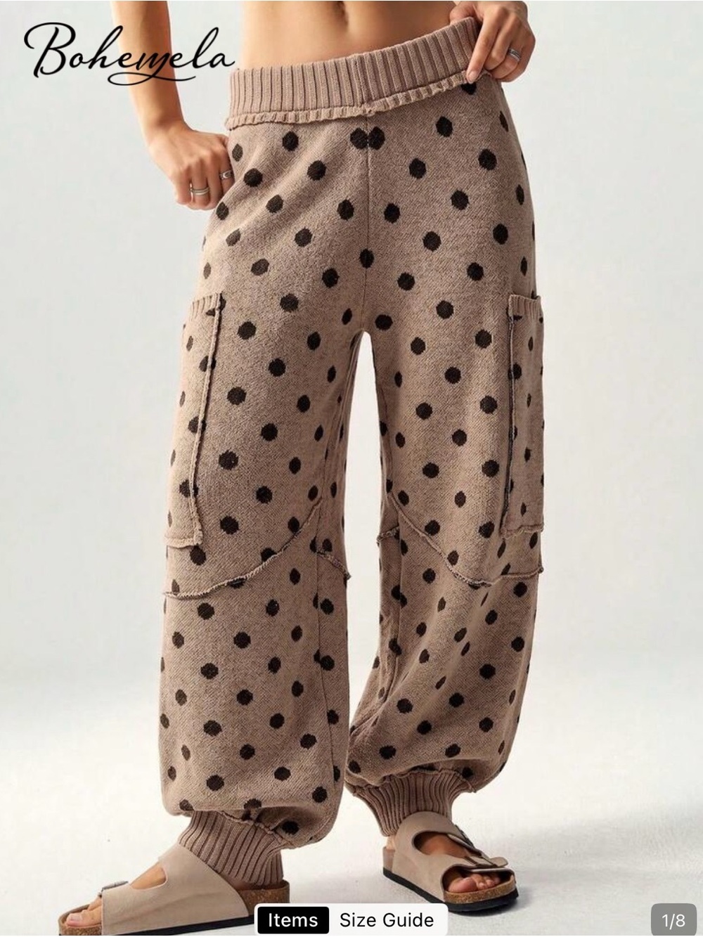 NWT Bohemela Taupe Polka Dot Knit Joggers, Size Large